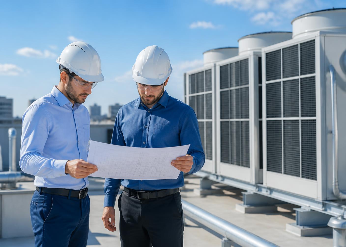 Global Enterprises engineers reviewing an HVAC installation
